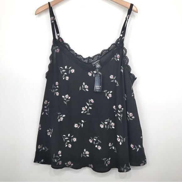 Torrid Black Floral Print Georgette Flowy Lace Trim Cami Tank Top - Picture 4 of 16